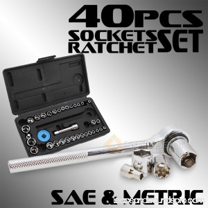 1/4 3/8 8-Point Drive Ratchet Metric Sockets Hand SAE Tool Set with Case, 40PC